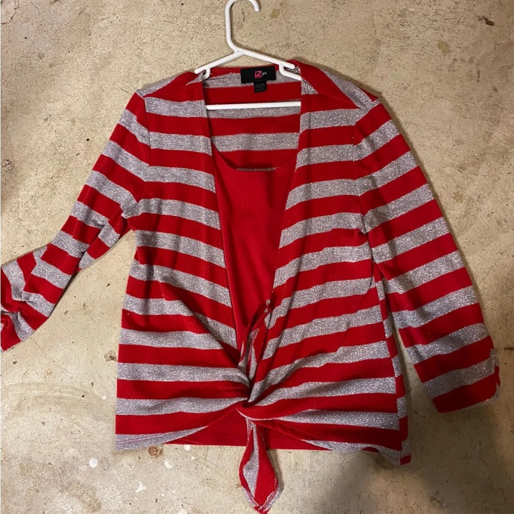 GIRL'S AMY BYER IZ RED TANK WITH SILVER STRIPED LAYER  XL 16
